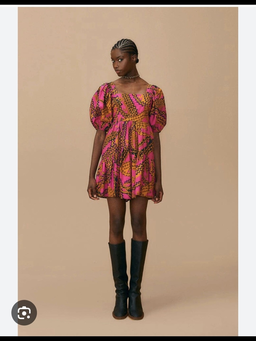 FARM  FARMRIO Square-Neck Puff Sleeve Mini Dress in Pink & Mustard Print